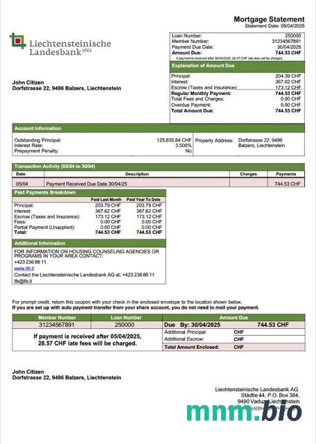 Liechtenstein Liechtensteinische Landesbank AG wyciąg z kredytu hipotecznego szablon Word i PDF